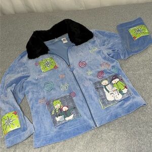 Onque Casuals Velour Zip Jacket XL Winter Faux Fur Collar Whimsy Novelty Artsy